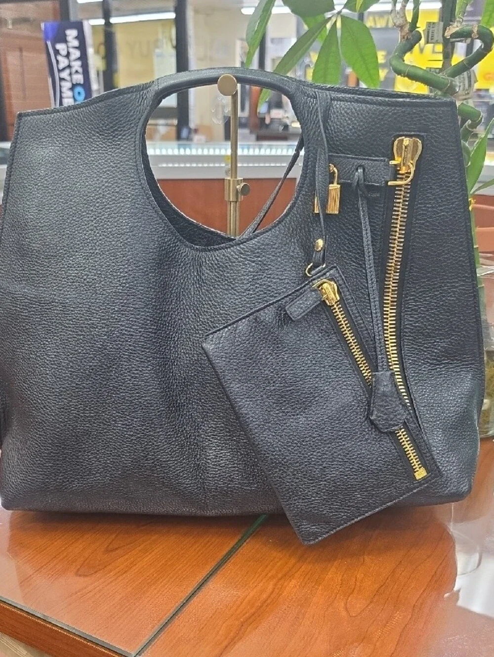 Tom Tord Alix Classic Black Leather Tote Bag with Gold Accents